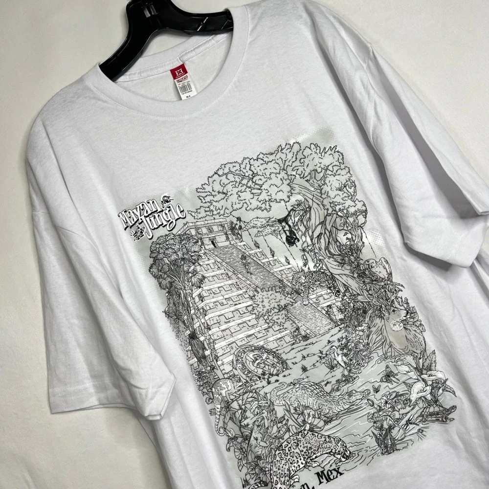 Euro Cotton White Mayan Jungle T-Shirt Mens XL Cancun Mexico Graphic Souvenir
